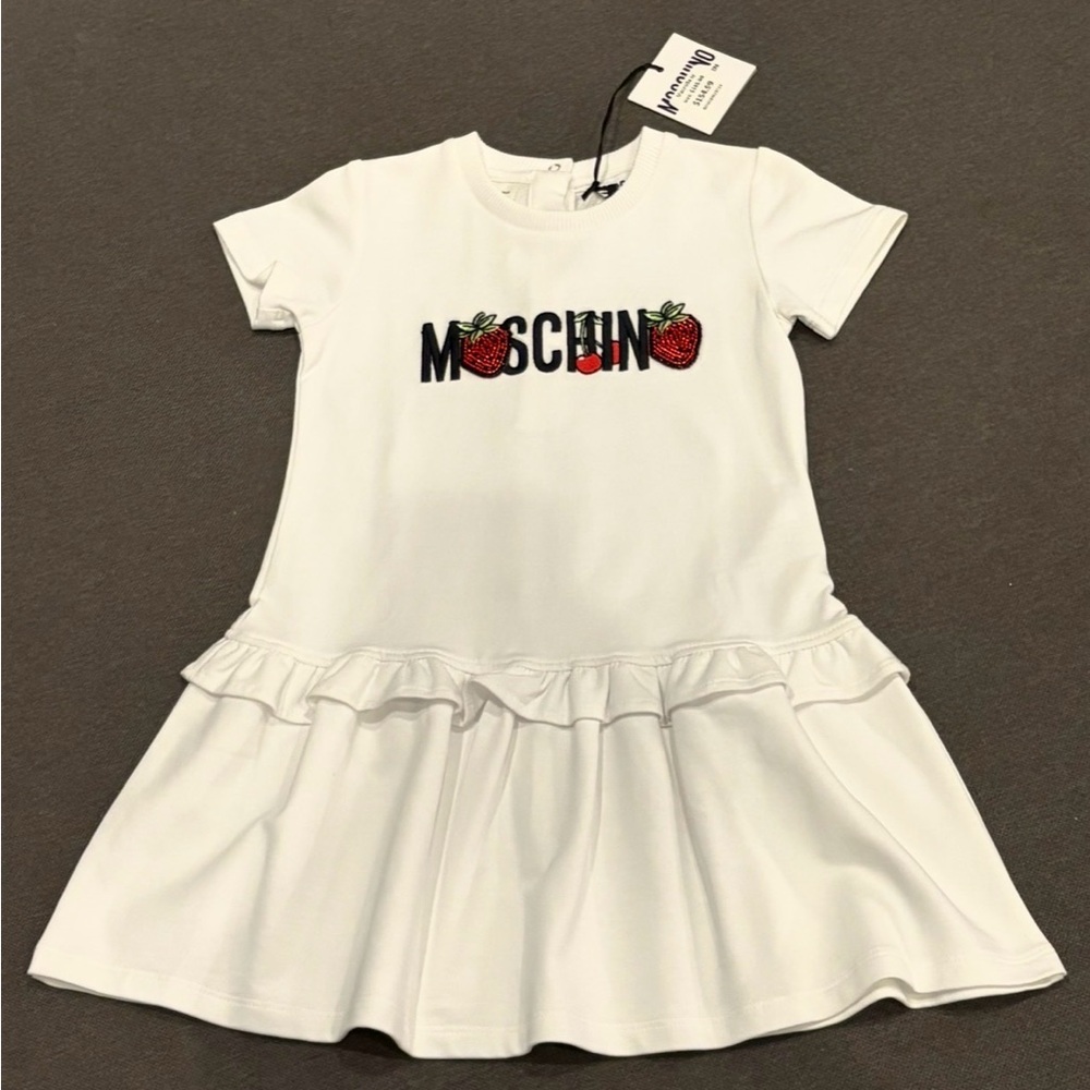 BNWT Moschino Toddler White Drop Skirt Dress With Embroidered Beaded Logo SZ. 2